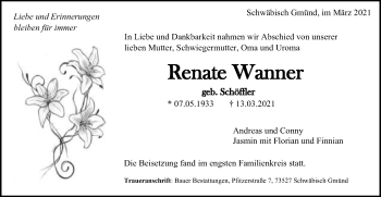 Traueranzeige von Renate Wanner von Gmünder Tagespost