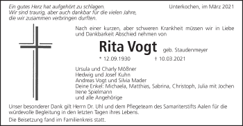 Traueranzeige von Rita Vogt von Schwäbische Post