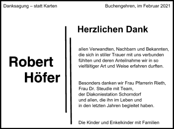 Traueranzeige von Robert Höfer von Gmünder Tagespost