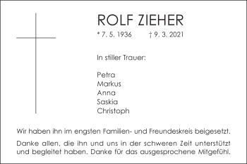 Traueranzeige von Rolf Zieher von Schwäbische Post