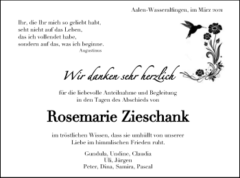 Traueranzeige von Rosemarie Zieschank von Schwäbische Post