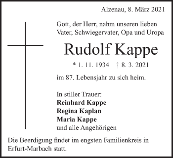 Traueranzeige von Rudolf Kappe von Amtsblatt_Oko