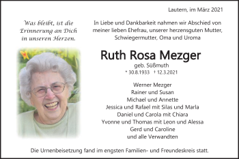 Traueranzeige von Ruth Rosa Mezger von Gmünder Tagespost