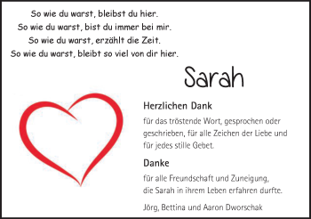 Traueranzeige von Sarah Dworschak von Gmünder Tagespost