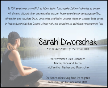 Traueranzeige von Sarah Dworschak von Gmünder Tagespost