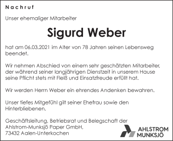 Traueranzeige von Sigurd Weber von Schwäbische Post