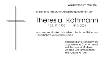 Traueranzeige von Theresia Kottmann von Gmünder Tagespost