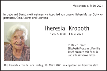 Traueranzeige von Theresia Kroboth