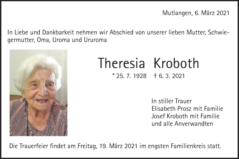  Traueranzeige für Theresia Kroboth vom 11.03.2021 aus Gmünder Tagespost