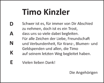 Traueranzeige von Timo Kinzler von Schwäbische Post