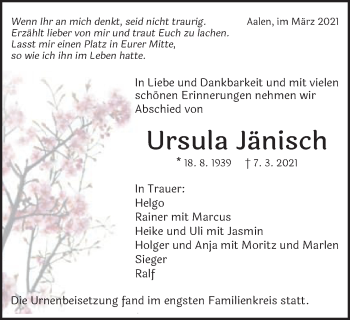 Traueranzeige von Ursula Jänisch von Schwäbische Post