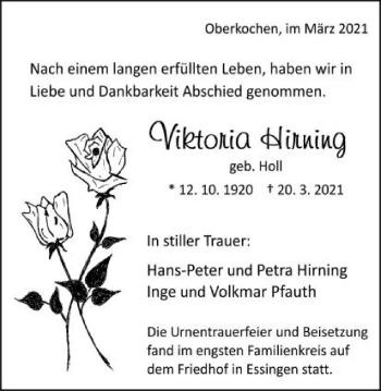 Traueranzeige von Viktoria Hirning von Schwäbische Post