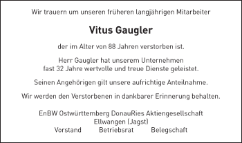 Traueranzeige von Vitus Gaugler von Schwäbische Post