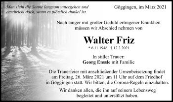 Traueranzeige von Walter Friz von Gmünder Tagespost