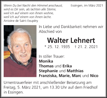 Traueranzeige von Walter Lehnert von Schwäbische Post