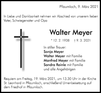 Traueranzeige von Walter Meyer von Schwäbische Post