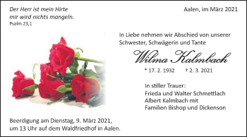 Traueranzeige von Wilma Kalmbach von Schwäbische Post