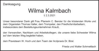 Traueranzeige von Wilma Kalmbach von Schwäbische Post