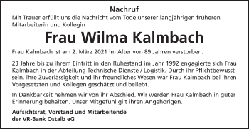 Traueranzeige von Wilma Kalmbach von Schwäbische Post