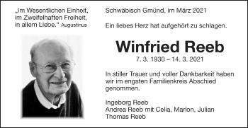 Traueranzeige von Winfried Reeb von Gmünder Tagespost
