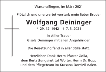 Traueranzeige von Wolfgang Deininger von Schwäbische Post
