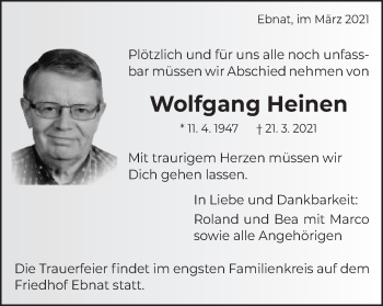 Traueranzeige von Wolfgang Heinen von Schwäbische Post