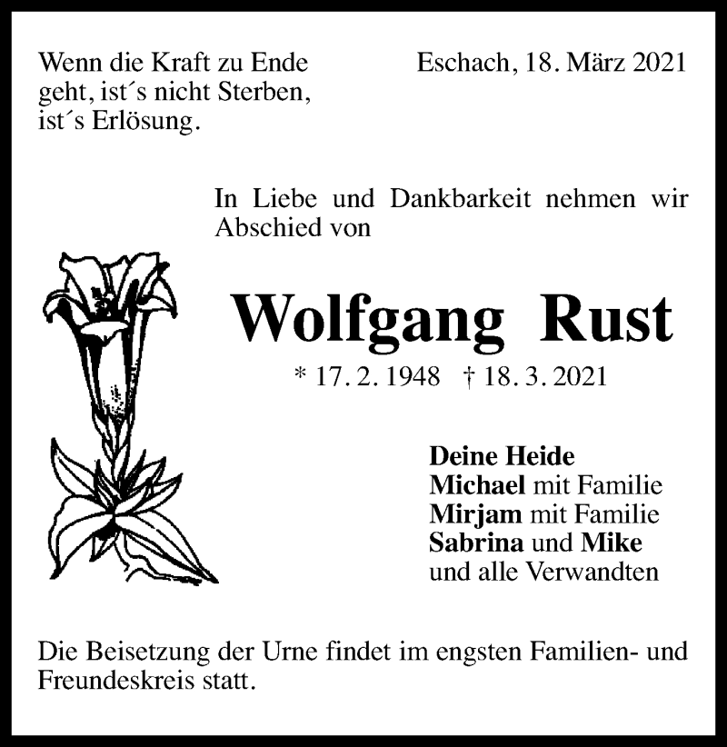  Traueranzeige für Wolfgang Rust vom 25.03.2021 aus Gmünder Tagespost