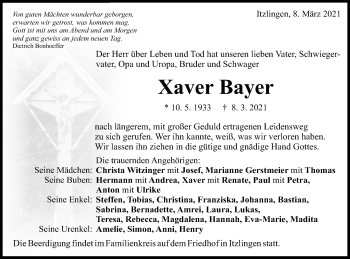 Traueranzeige von Xaver Bayer von Schwäbische Post