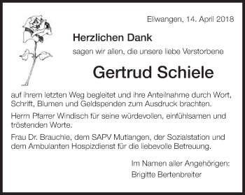 Traueranzeige von Gertrud Maria Schiele von  SCHWÄBISCHE POST
