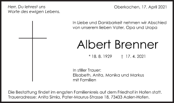 Traueranzeige von Albert Brenner von Schwäbische Post
