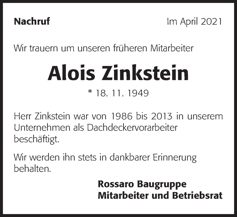  Traueranzeige für Alois Zinkstein vom 23.04.2021 aus Schwäbische Post