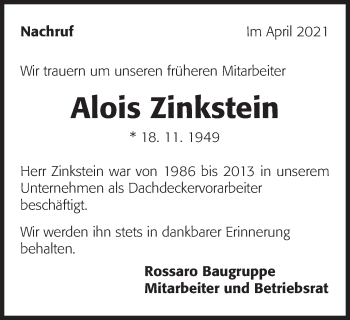 Traueranzeige von Alois Zinkstein von Schwäbische Post