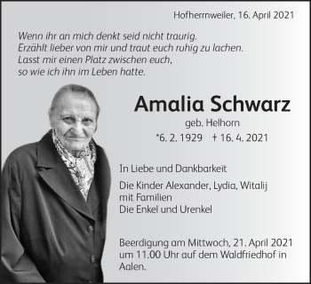 Traueranzeige von Amalia Schwarz von Schwäbische Post
