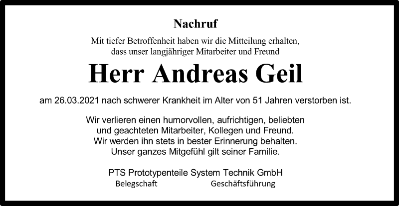  Traueranzeige für Andreas Geil vom 03.04.2021 aus Gmünder Tagespost