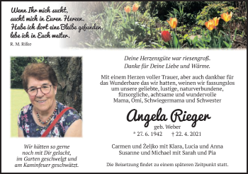 Traueranzeige von Angela Rieger von Schwäbische Post
