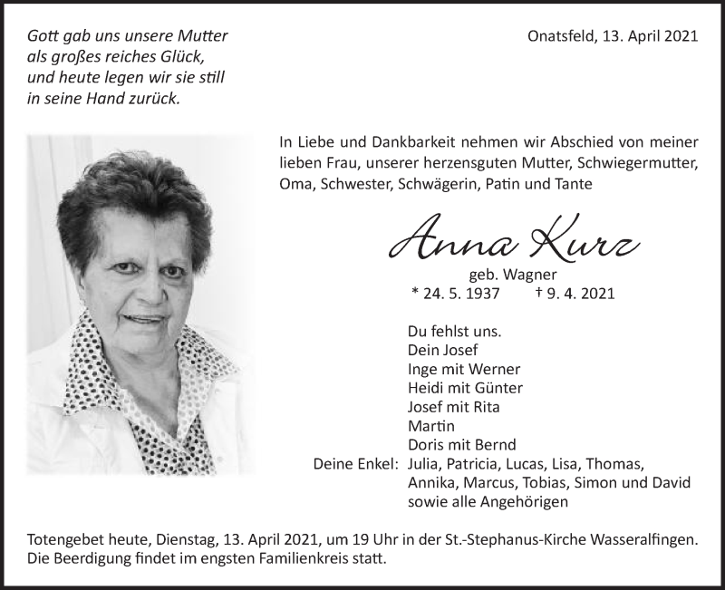  Traueranzeige für Anna Kurz vom 13.04.2021 aus Schwäbische Post