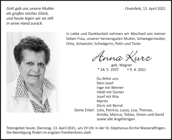 Traueranzeige von Anna Kurz von Schwäbische Post