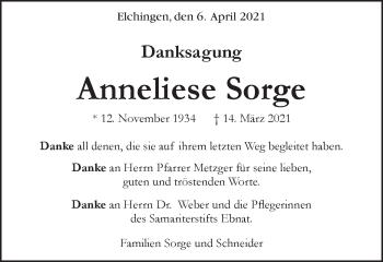 Traueranzeige von Anneliese Sorge von Schwäbische Post