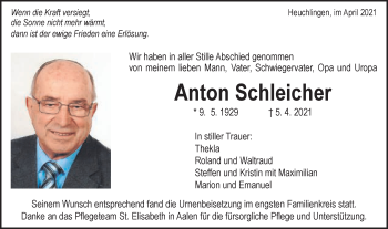 Traueranzeige von Anton Schleicher von Gmünder Tagespost