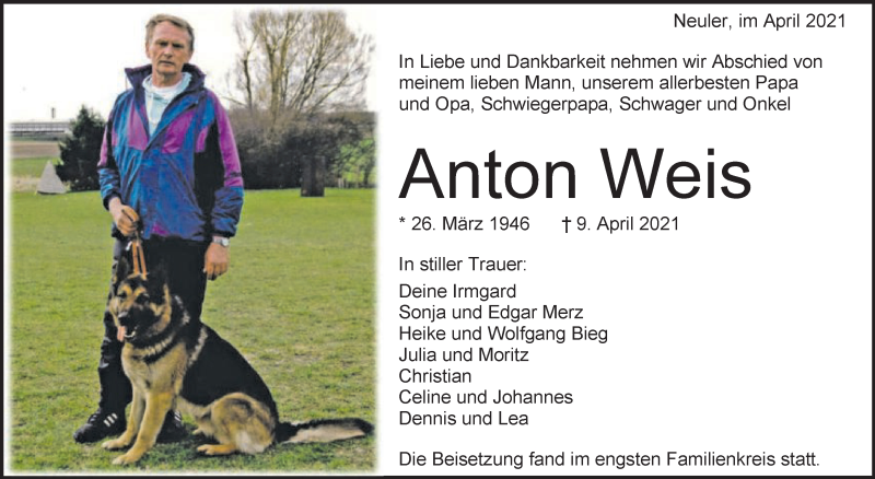  Traueranzeige für Anton Weis vom 17.04.2021 aus Schwäbische Post