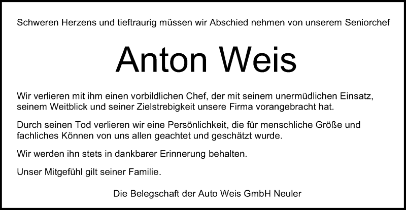  Traueranzeige für Anton Weis vom 17.04.2021 aus Schwäbische Post