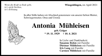 Traueranzeige von Antonia Mühleisen von Gmünder Tagespost