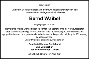 Traueranzeige von Bernd Waibel von Gmünder Tagespost
