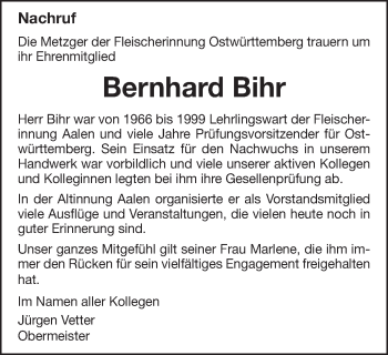 Traueranzeige von Bernhard Bihr von Schwäbische Post