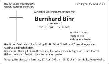 Traueranzeige von Bernhard Bihr von Schwäbische Post