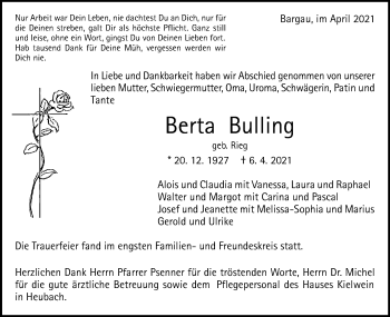 Traueranzeige von Berta Bulling von Gmünder Tagespost