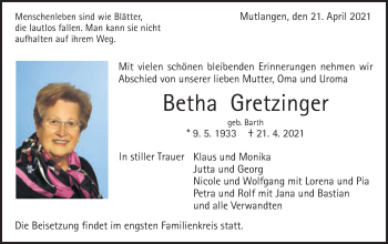 Traueranzeige von Betha Gretzinger von Gmünder Tagespost