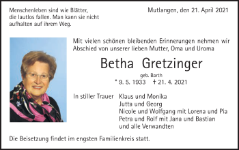 Traueranzeige von Betha Gretzinger