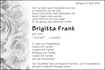 Traueranzeige von Brigitta Frank von Gmünder Tagespost