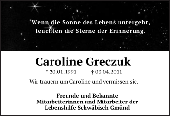 Traueranzeige von Caroline Greczuk von Gmünder Tagespost